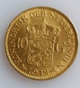 A 10 Guilders (Gulden) Netherlands Wilhelmina gold (.900) coin, 1912, 6.7g