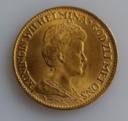 A 10 Guilders (Gulden) Netherlands Wilhelmina gold (.900) coin, 1917, 6.7g