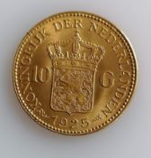 A 10 Guilders (Gulden) Netherlands Wilhelmina gold (.900) coin, 1925, 6.7g