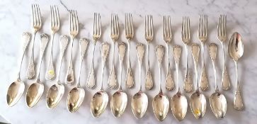 A set of French early 20th century silver entree forks x 11 and spoons x 12, decorated with