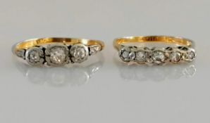 A five-stone and three-stone diamond ring, both on yellow gold, illusions settings, sizes O, R, both