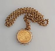 A George V gold full sovereign, Sydney mint, 1914, on a hallmarked 9ct gold mount and rollo chain,