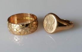 A yellow gold wedding band with etched decoration, 7mm and a signet ring, initialled, both size P1/