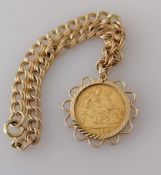 An Edwardian gold half sovereign bracelet, 1905, on a 9ct gold mount and chain, 16 cm, hallmarked,
