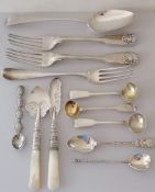 A George III silver table spoon, 22 cm and fork by George Smith, II and III; two Victorian King's