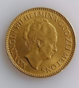 A 10 Guilders (Gulden) Netherlands Wilhelmina gold (.900) coin, 1932, 6.7g