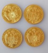 Four Austrian 1915 gold One Ducat restrike coins, each 3.5g (total 14g)