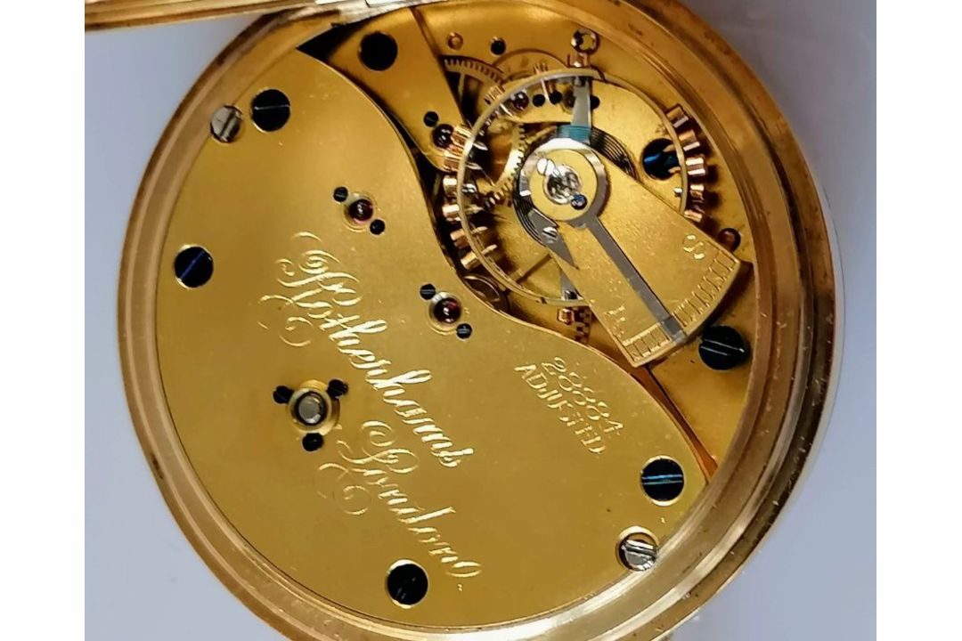 An Edwardian open-faced stem-wind gold-cased pocket watch with white enamel dial signed Rotherhams, - Image 2 of 4