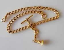 A yellow gold curb-link Albert chain with T-bar and lobster clasp, each link stamped 18ct, unmarked