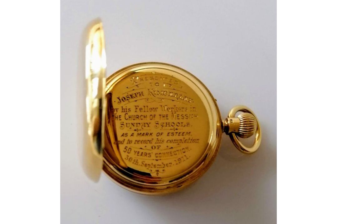 An Edwardian open-faced stem-wind gold-cased pocket watch with white enamel dial signed Rotherhams, - Image 4 of 4