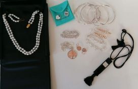 Two Tiffany silver charms; six silver bangles, filigree bracelet, pendant and chain, two pairs of ea