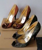 Two pairs of Georgina Goodman snakeskin heeled shoes from the Felicity range, both boxed, sizes 39