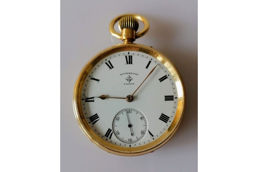 An Edwardian open-faced stem-wind gold-cased pocket watch with white enamel dial signed Rotherhams, - Image 1 of 4