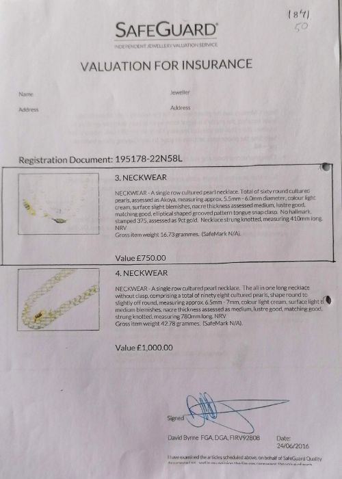 A single row necklace of sixty Akoya cultured pearls, 5.5mm to 6mm, on a 9ct gold clasp, light cream - Image 3 of 3