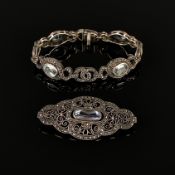 Zwei Schmuckstücke mit Markasiten, bestehend aus Brosche und Armband, Sterlingsilber, Gesamtgewicht