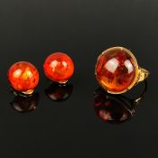 Bernstein Schmuck Set, 3 Teile, bestehend aus einem Ring mit großem rundem Bernstein-Cabochon, Durc