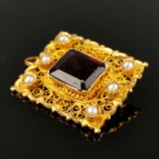 Persische Granat-Gold-Brosche/Anhänger, mindestens 875/21K Gelbgold (getestet), 8g, mittig großer f