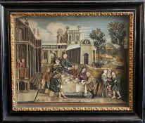 Papierschneidearbeit in Glaskasten, barocker schwarz-goldener Rahmen, 18. Jh., 