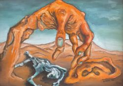 Herbert MEHLER (1949, Bildhauer), Surreale Komposition mit Ohr, Hand und Figur in einer