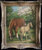 Adolf Hosse (1875 Hanau-1958 Hammelburg), Stute mit Fohlen, im Hintergrund blühende Bäume, signiert,