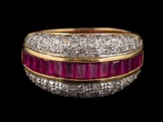 A ruby and diamond ring,: the central row of square cut rubies between brilliant cut diamonds,