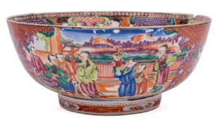 A Chinese mandarin palette bowl: the well and exterior painted in bright enamels with panels of