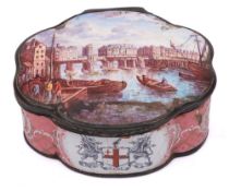 A 19th century enamel box and cover: of cartouche-shaped outline,