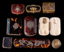 A 19th century blonde tortoiseshell spectacle case: with inlaid silver decoration,