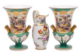 A Paris porcelain cream jug and a pair of English porcelain campana vases: the jug in Empire style,