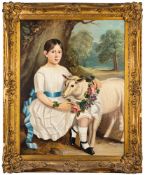 English School 19th Century - A child with lamb and garland of flowers,:- oil on canvas, 90 x 69cm.