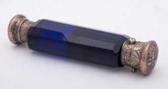 A Victorian blue glass and silver mounted double-ended scent bottle, unmarked: 12cm long.