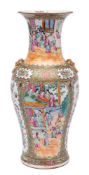A Chinese Canton famille rose baluster vase: with gilt Buddhistic lion mask ring handles,
