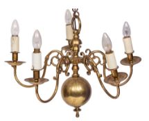 A brass five-branch chandelier:, in the 17th Century Dutch style,