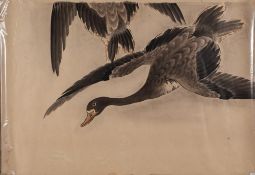 A large Japanese woodblock print in four parts: depicting flying ducks,