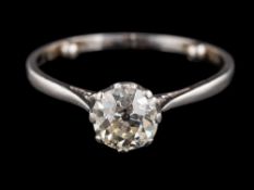 A diamond single stone ring,: the old European cut diamond, estimated to weigh 1.