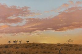 * Vic Andrews [1922-2013]- Ostriches in The Kalagari at Sunset,:- signed bottom right pastel,