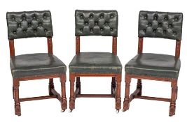 A set of five Victorian carved oak and button upholstered side chairs, mid 19th century,