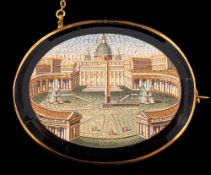 A 19th century micro mosaic brooch,: circa 1860, the oval panel with a micro mosaic of St.
