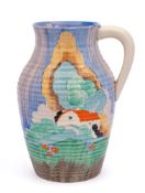 A Clarice Cliff Bizarre Lotus jug: decorated in the Forest Glen pattern with a red roofed cottage