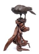 Akasofu Gyoko, A bronze study of an eagle: perched on a twisted root wood stand,