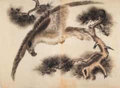 Three Japanese woodblock prints in two parts: depicting eagles flying over pine trees each 94 x