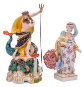 A Derby figure of Neptune and a similar figure of Juno: Neptune standing by a large dolphin,