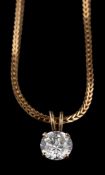 A synthetic cubic zirconia pendant,: on a 9 carat gold chain, stamped 375, 42cm long.