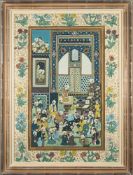 An Indo-Persian painting depicting an Islamic court scene: the dignitary seated on a minbar