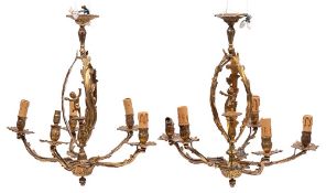A pair of gilt metal five light chandeliers in Louis XV taste, 20th century,