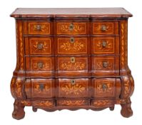 A 19th Century Dutch oak and floral marquetry serpentine block fronted chest of drawers:,