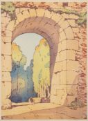 Allen William Seaby [1867-1953]- Beggar in a sunlit stone archway,:- woodcut,