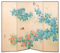 A Japanese silk four fold screen: the panels decorated with butterflies amongst flowering pink and