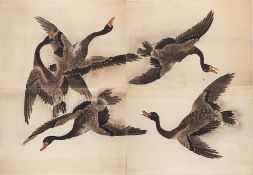 A large Japanese woodblock print in four parts: depicting flying ducks,