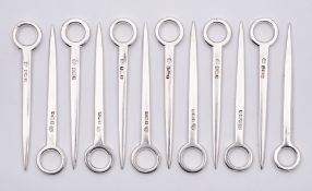 A set of twelve George V silver corn cob skewers, maker Goldsmiths & Silversmiths Co Ltd, London,